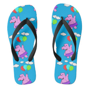 Rosa Hippo Flying with Balloons in Blue Sky Flip Flops