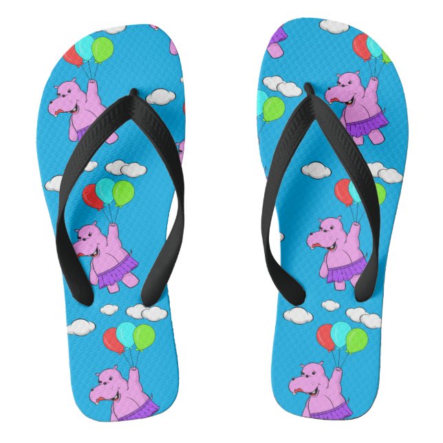 Rosa Hippo Flying with Balloons in Blue Sky Flip Flops (Fußbett)