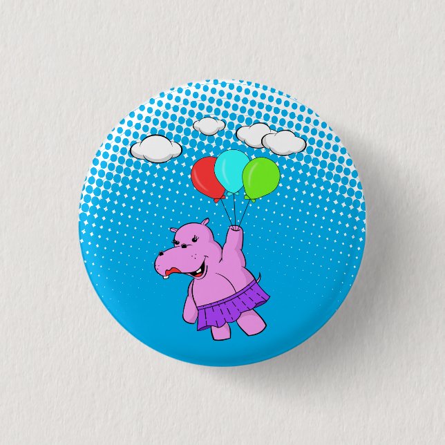 Rosa Hippo mit Balloons Button (Vorderseite)