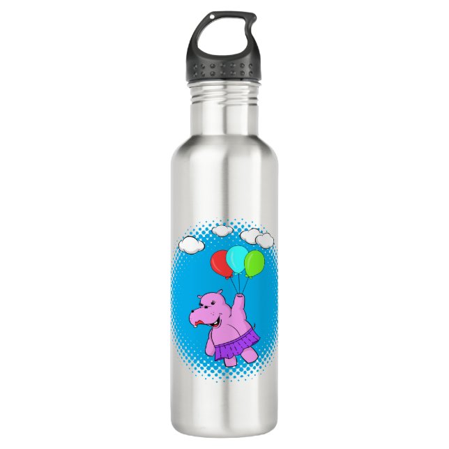 Rosa Hippo mit Balloons Edelstahlflasche (Vorderseite)