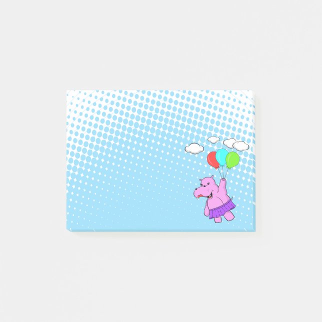 Rosa Hippo mit Balloons Post-it Klebezettel (Vorderseite)