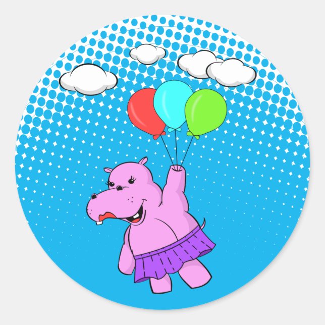 Rosa Hippo mit Balloons Runder Aufkleber (Vorderseite)