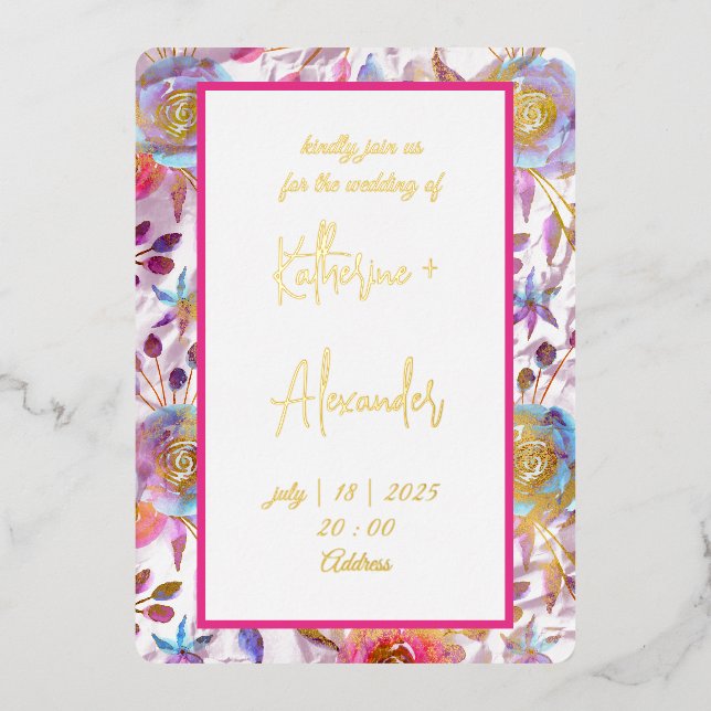 Rosa Hochzeit Blumen Lily Einladung Klassiker Gold (Vorderseite)