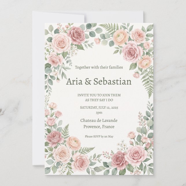 Rosa Hochzeit mit Grünzeug Einladung (Vorderseite)