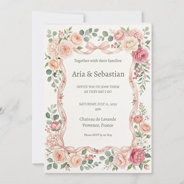 Rosa Hochzeit mit Grünzeug Einladung (Vorderseite)