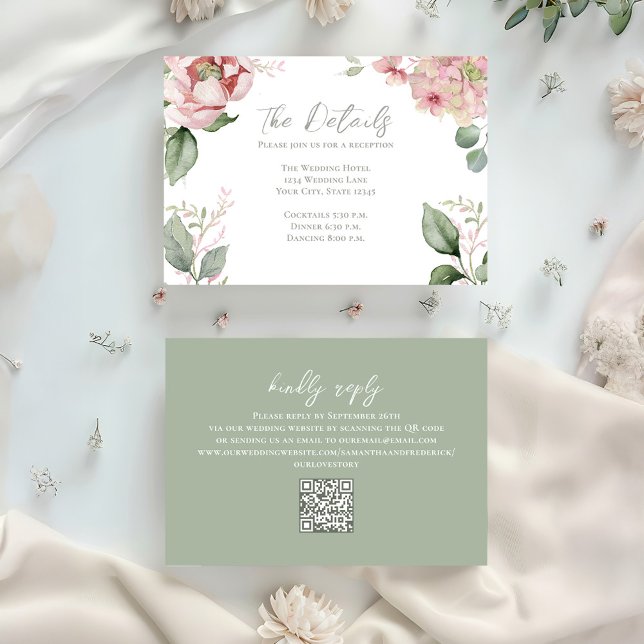 Rosa Hochzeitsdetails Begleitkarte (Elegant blush pink floral details card with scannable QR code. )