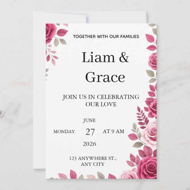 Rosa Hochzeitseinladung mit Blumenmuster Einladung (Vorderseite)