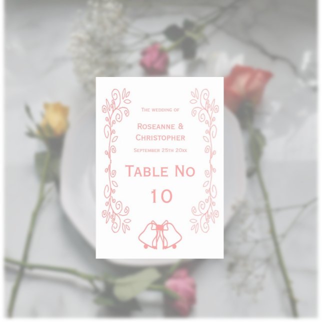 Rosa Hochzeitskarte Tischnummer Glocken Scrollwork (Pink wedding table number card bells and scrollwork design)
