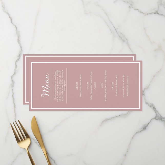Rosa Hochzeitsmenü für eine schöne Empfangs-Dinner Menükarte (Vorderseite/Rückseite Beispiel)
