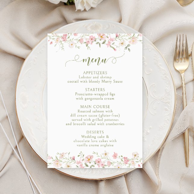 Rosa Hochzeitsmenü mit Blumen & Grün RSVP Karte (Von Creator hochgeladen)