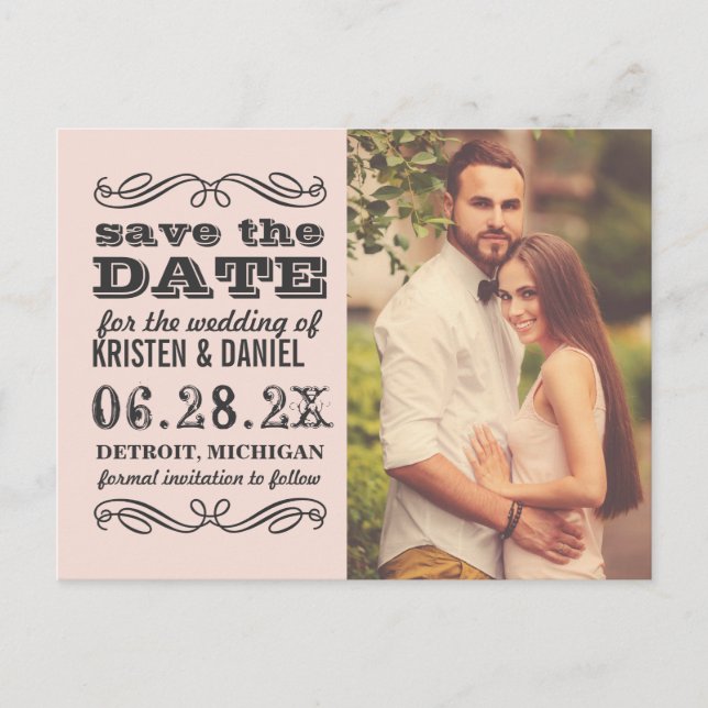 Rosa Hochzeitsstich Save the Date mit Blush Pink Ankündigungspostkarte (Vorderseite)
