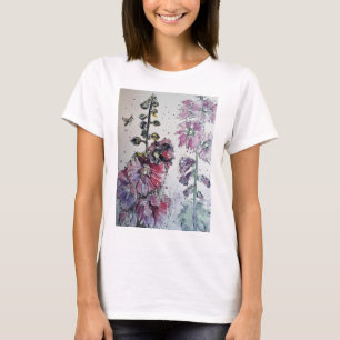 Rosa Hollyhock Aquarellfarbe Farbe Farbe Shirt