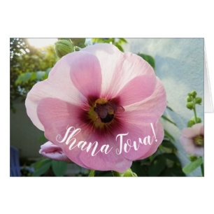 Rosa Hollyhock-Blume mit Bee Rosh Hashanah Card