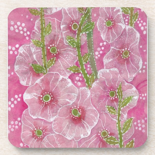 Rosa Hollyhock Malva Blume Blumengemälde Getränkeuntersetzer (Vorderseite)