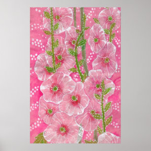 Rosa Hollyhock Malva Blume Blumengemälde Poster