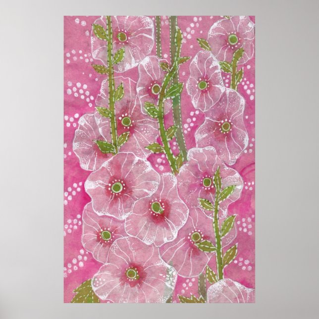 Rosa Hollyhock Malva Blume Blumengemälde Poster (Vorne)