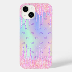 Rosa holografische Glitzer Tropfen Monogramm Case-Mate iPhone 14 Hülle