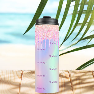 Rosa holografische Glitzer Tropfen Name Thermosbecher