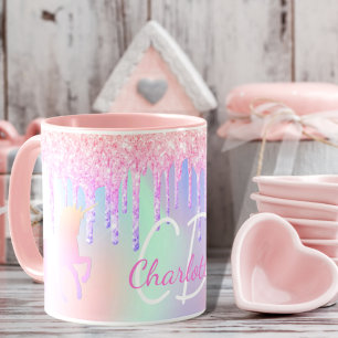 Rosa holografische Monogrammbezeichnung Unicorn Gl Tasse