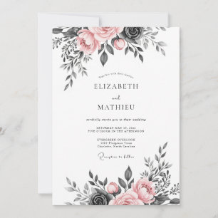 Rosa Holzkohle Exquisite Florale Hochzeit Einladung