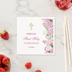 Rosa Hortensie Erstkommunion Serviette