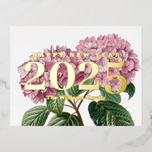 Rosa Hortensien-Blume Frohes Neues Jahr 2027 Gold Folien Feiertagspostkarte
