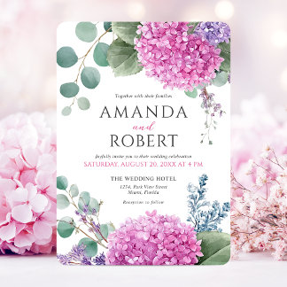 Rosa Hortensien-Blumen Aquarell Elegante Hochzeit Einladung