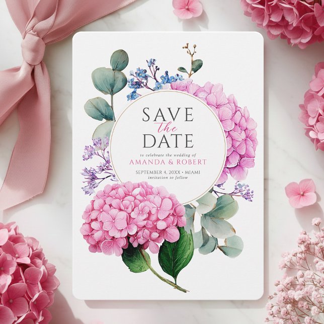 Rosa Hortensien-Blumen Aquarell Elegante Hochzeit Save The Date (Pink Hydrangea Flowers Watercolor Elegant Wedding Save The Date)