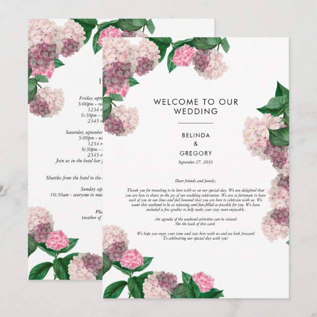 Rosa Hortensien-Blumen-Grün-Hochzeitsprogramm  Programm (Vorne/Hinten)