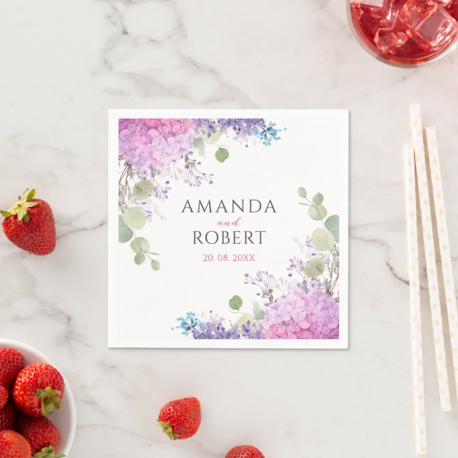 Rosa Hortensien-Blüten Aquarell Elegante Hochzeit Serviette (Beispiel)