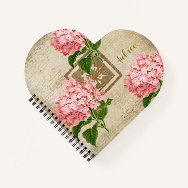 Rosa Hortensien-Cluster Herzform Notizbuch (Vorderseite)