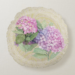Rosa Hortensien- und Spitzen-Blumen-Vintage-Kissen Rundes Kissen