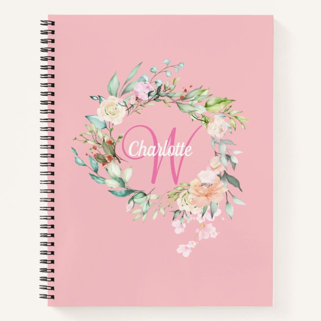 Rosa hübsche Rosen Blumen-Monogramm Girly-Schrift Notizbuch (Vorderseite)