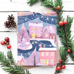 Rosa hübsche Weihnachtsstadt Wasserfarbe Girly Feiertagspostkarte