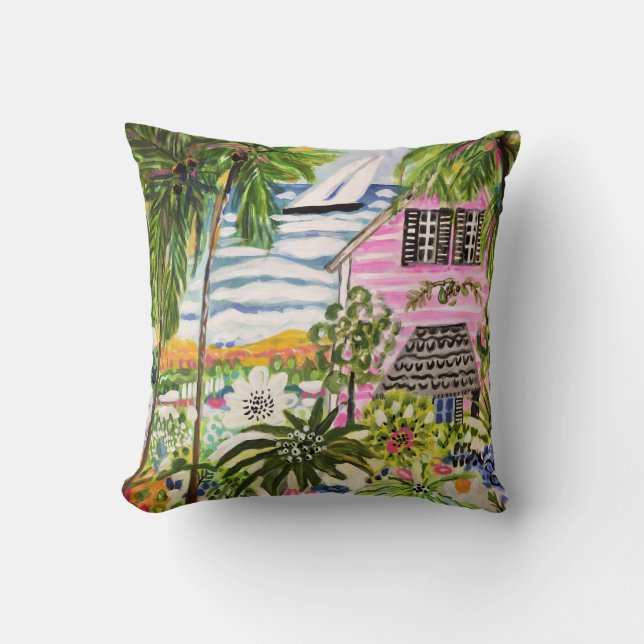 Rosa Hütte an der Bucht I Kissen (Vorderseite)