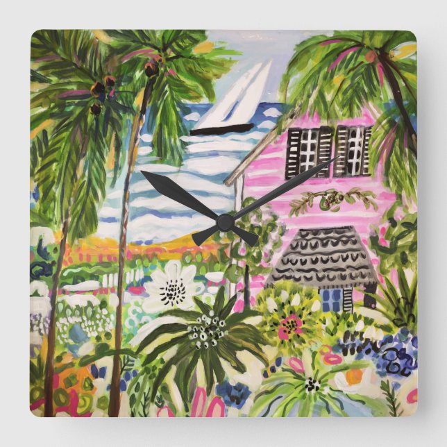 Rosa Hütte an der Bucht I Quadratische Wanduhr (Vorderseite)