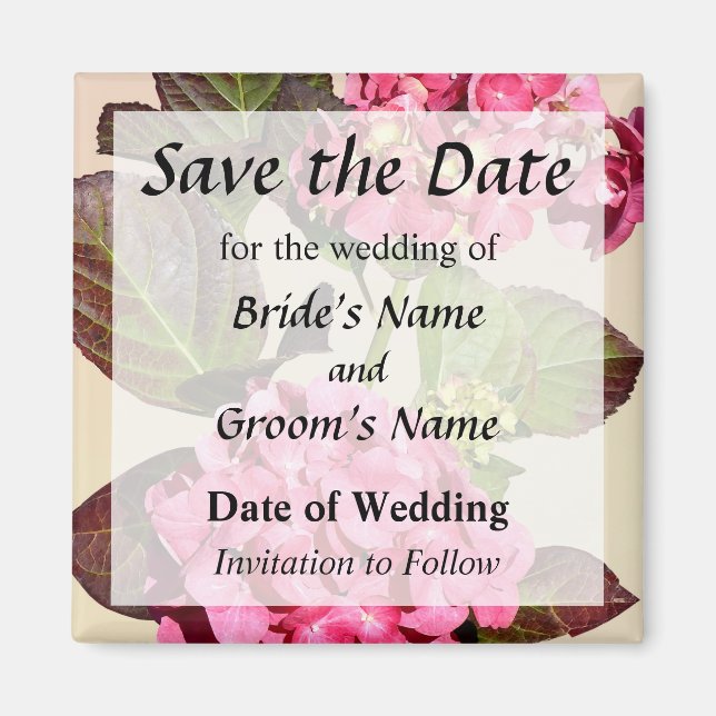Rosa Hydrangea mit Save the Date Blätter Magnet (Vorne)