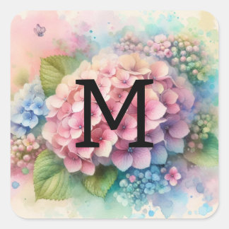 Rosa Hydrangea, Monogramm Quadratischer Aufkleber