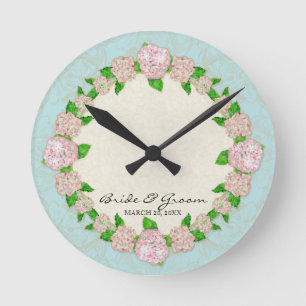 Rosa Hydrangea-Spitze Blumen Hochzeitsgeschenk Runde Wanduhr