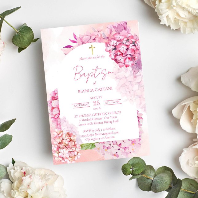 Rosa Hydrangeas elegante blumengeschmückte Taufe Einladung (Pink hydrangeas baptism christening gold cross invitation template)