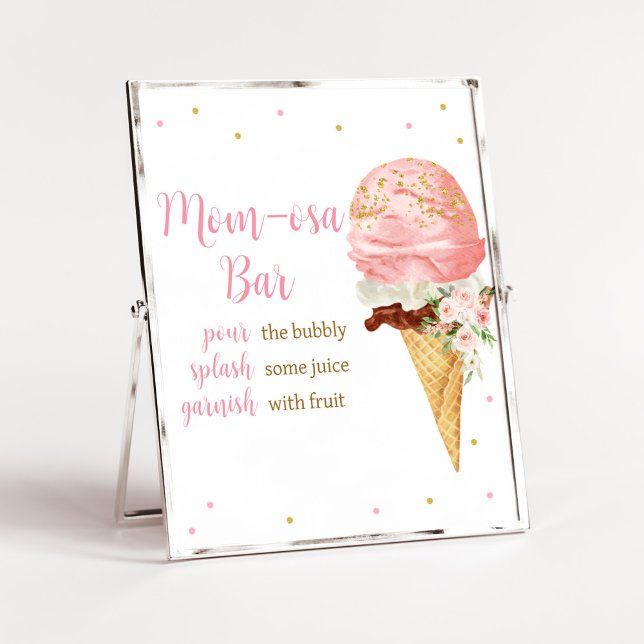 Rosa Ice Cream Baby Dusche Mama Osa Bar Poster (Here is the Scoop Baby Shower Mom Osa Bar Sign)