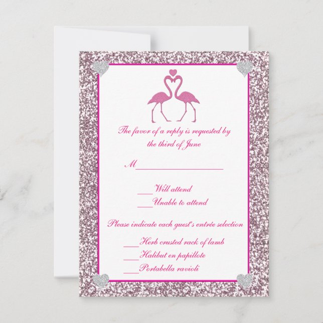 Rosa Imitate Glitzer Flamingo Liebe Response Card RSVP Karte (Vorderseite)