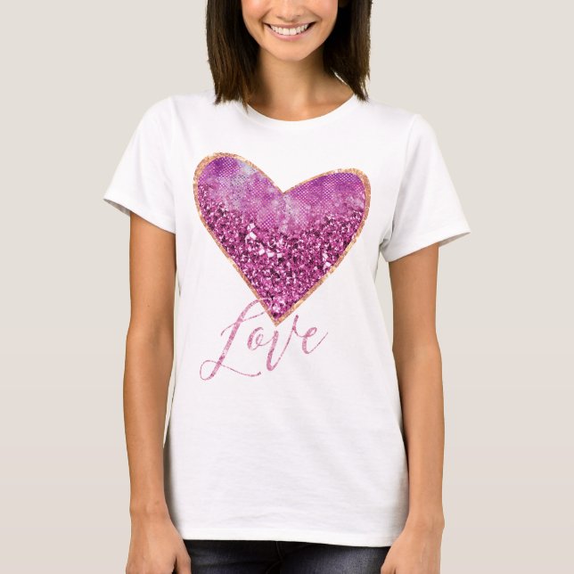 Rosa Imitate Glitzer Gold Border Herz Liebe T-Shirt (Vorderseite)