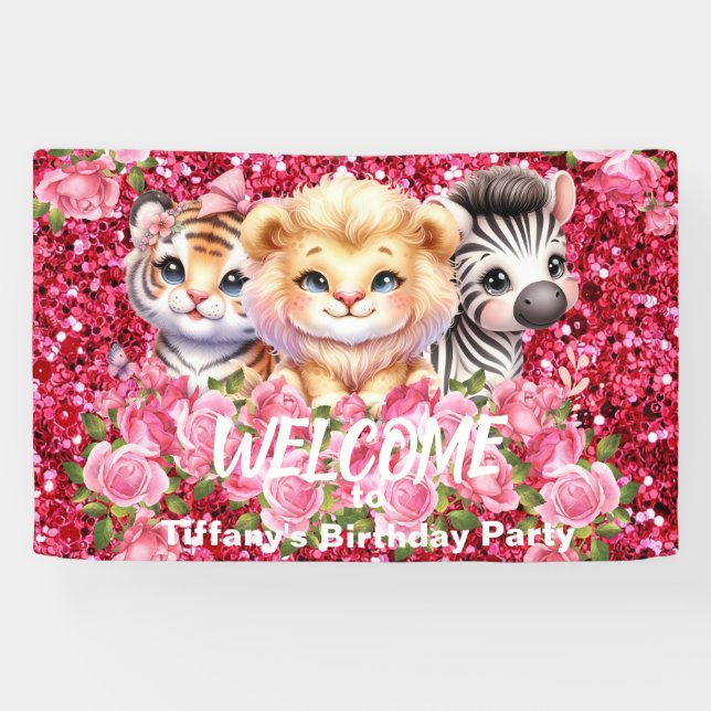 Rosa Imitate Glitzer Wilde Tiere Party Signaturban Banner (Horizontal)