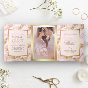 Rosa Imitate Gold Foil Foto Hochzeit Dreifach Gefaltete Einladung