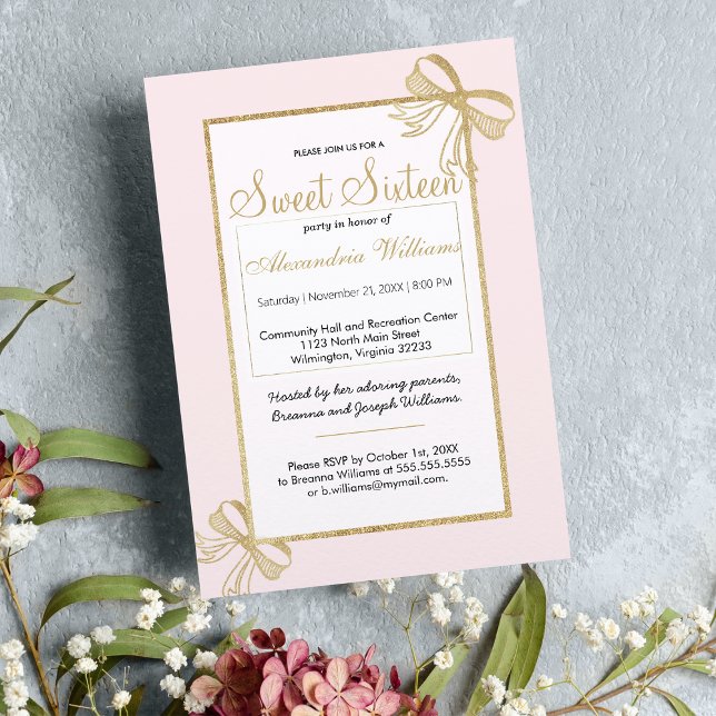 Rosa Imitate Goldbogen Glitzer Sweet 16 Einladung (Blush pink faux gold glitter bow Sweet 16 Invitation)