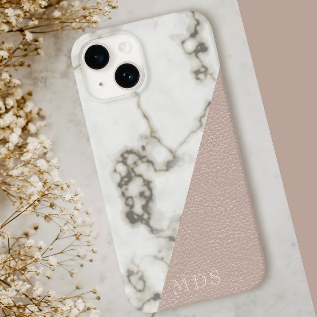 Rosa Imitate Leder Moderne Marmormonogramm Case-Mate iPhone Hülle (A blush pink and marble look phone case with space for your initials)