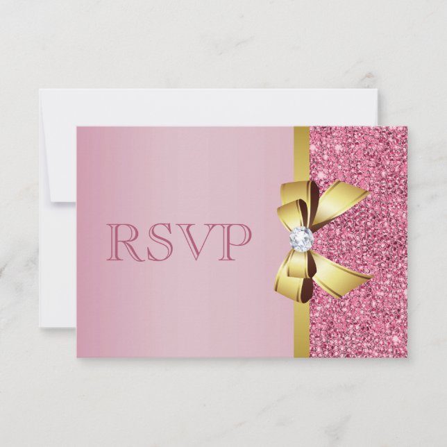 Rosa Imitate Sequins Gold Bow & Diamond UAWG RSVP Karte (Vorderseite)