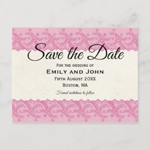 Rosa Imitate - Spitze/Cremeweiß Save the Date Ankündigungspostkarte