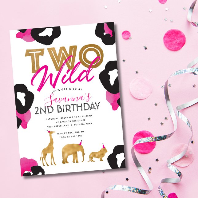 Rosa Imitats Gold Safari Einladung zum Geburtstag (Pink Faux Gold Safari Two Wild Birthday Invitation)